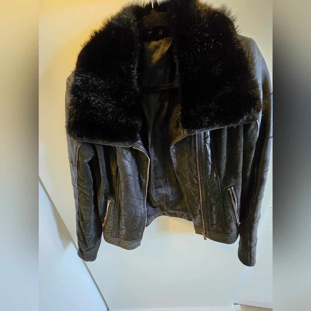 Black Quilted Leather Jacket with Fur Trim